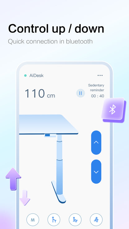 Bluetooth Adapter JCP35N-BLT AiDesk app screen with up and down buttons and desk height display